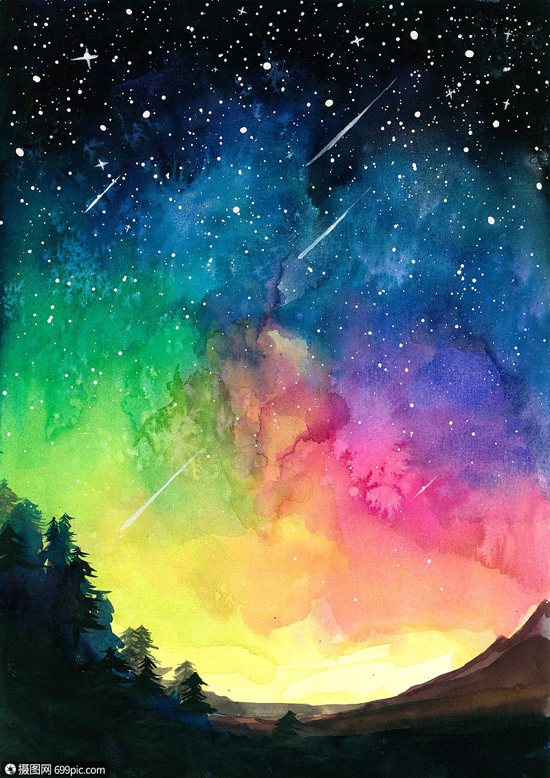 水彩星空手绘插画彩色夜空水彩手绘