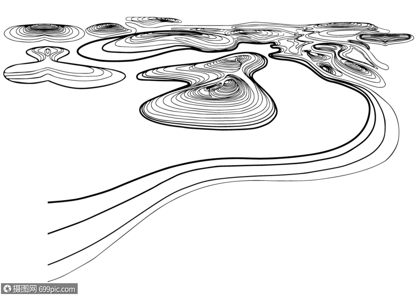 黑白线条河流矢量图山水画