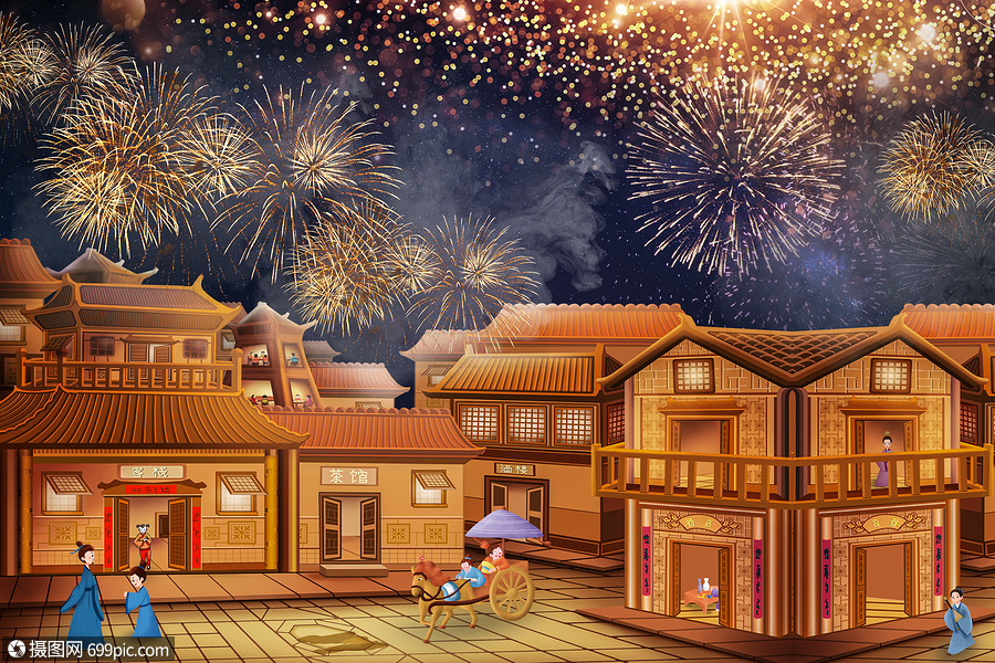古代城市烟花红色夜晚