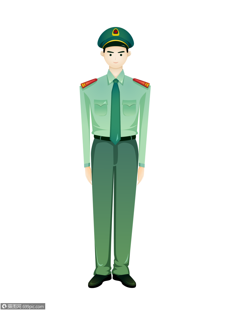 手绘卡通站立的军人戴军帽站军姿
