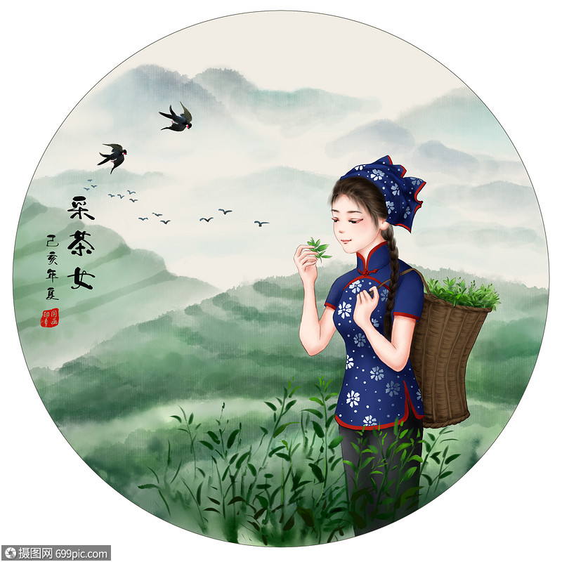 采茶女燕子水墨画图片