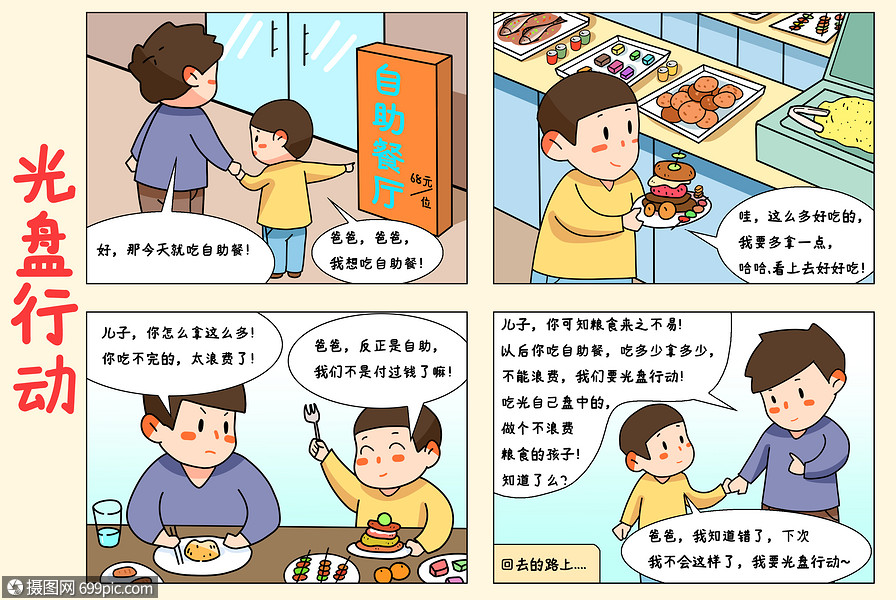 四格漫画光盘行动珍惜粮食拒绝浪费自助餐吃大餐