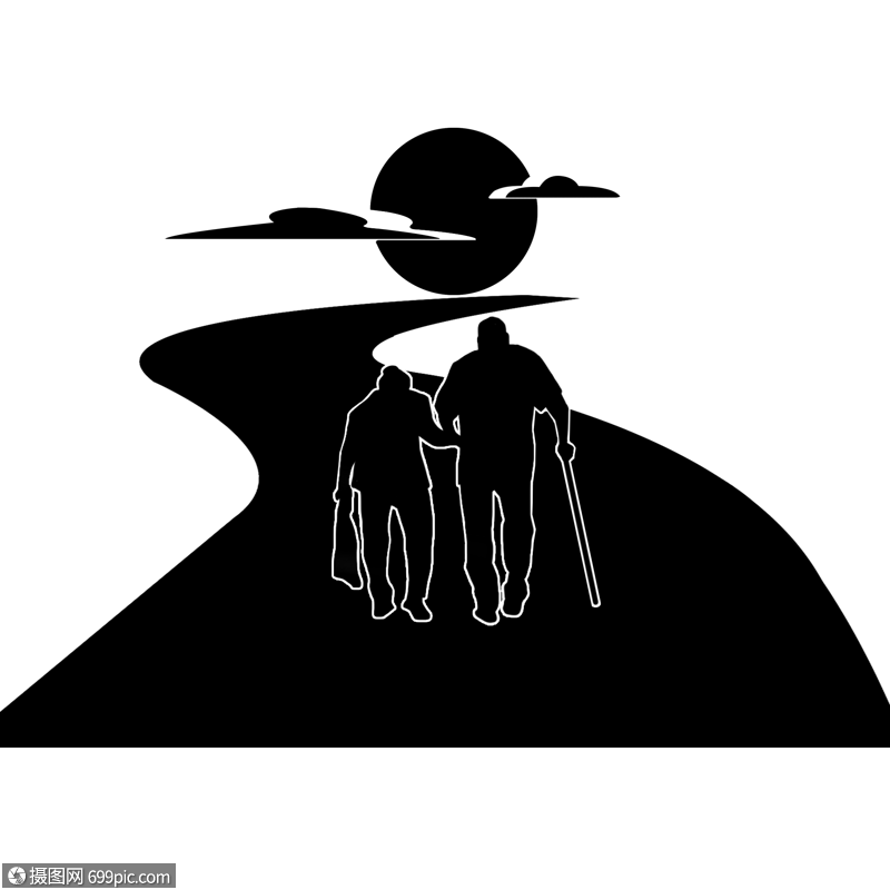 老人夕阳剪影元素黑白卡通