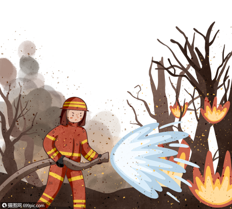 卡通风格消防员灭火元素森林手绘