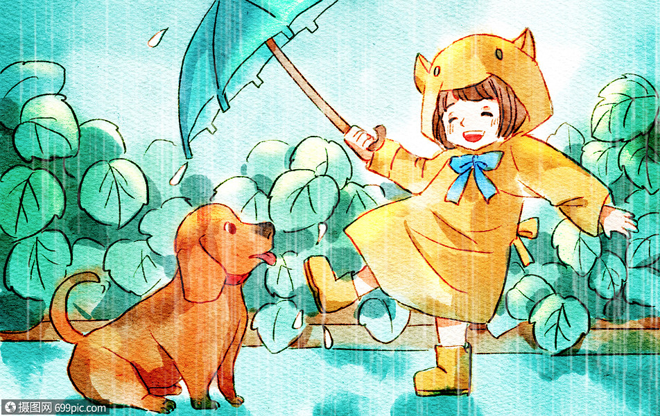 雨中玩耍的小女孩和狗子水彩画