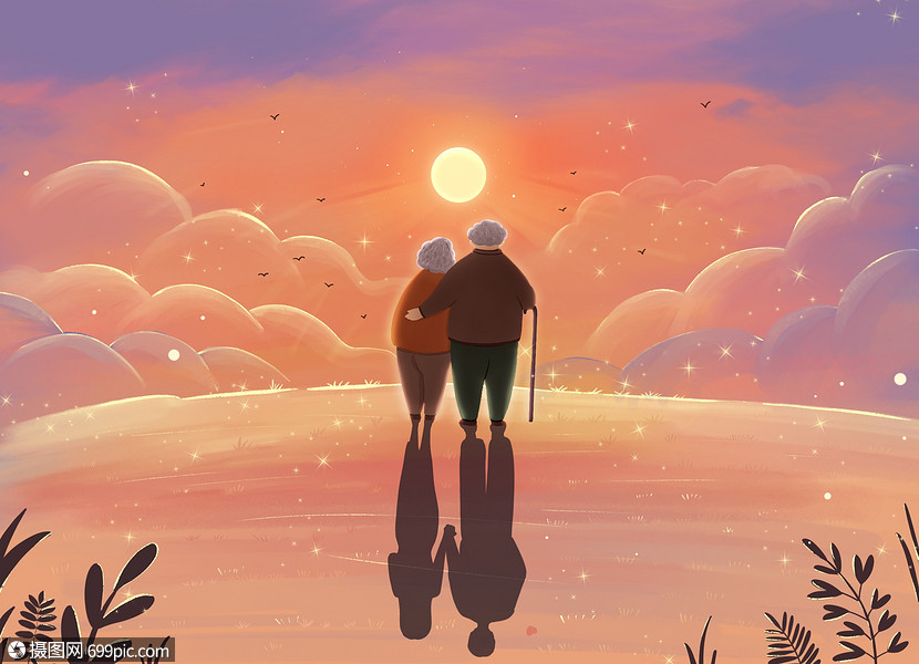 老爷爷和老奶奶一起看夕阳