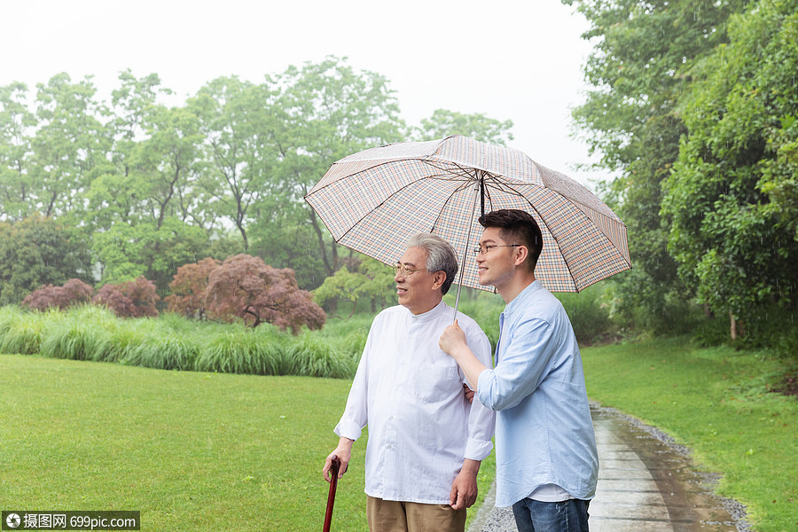 中老年父子撑伞下雨天逛公园父亲节中年人