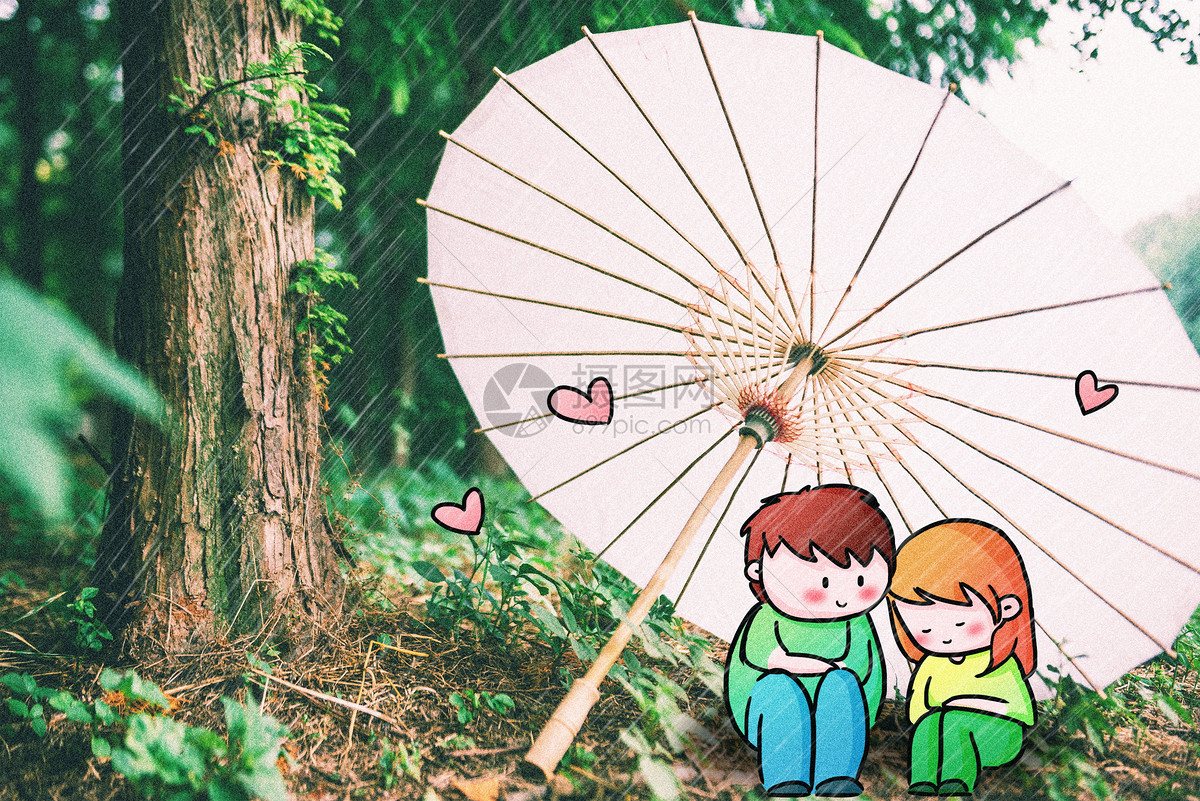 躲雨小情侣创意摄影插画