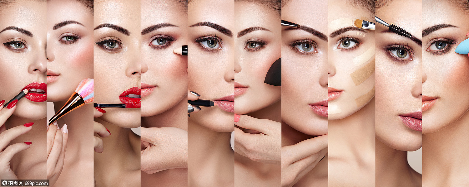 化妆的女人的拼贴脸化妆细节完美皮肤的美容模特化妆师的工作