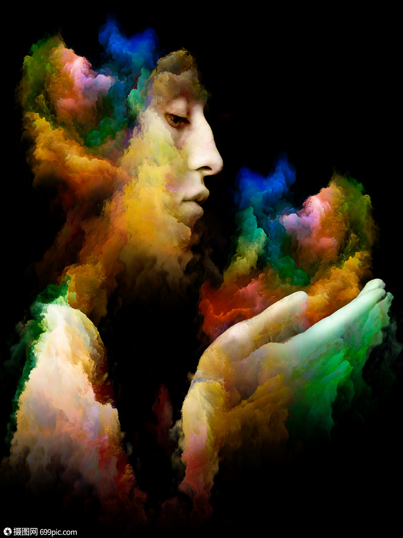 五颜六色的肖像内部颜色系列由人的脸抽象的颜色成,孤立黑色背景上