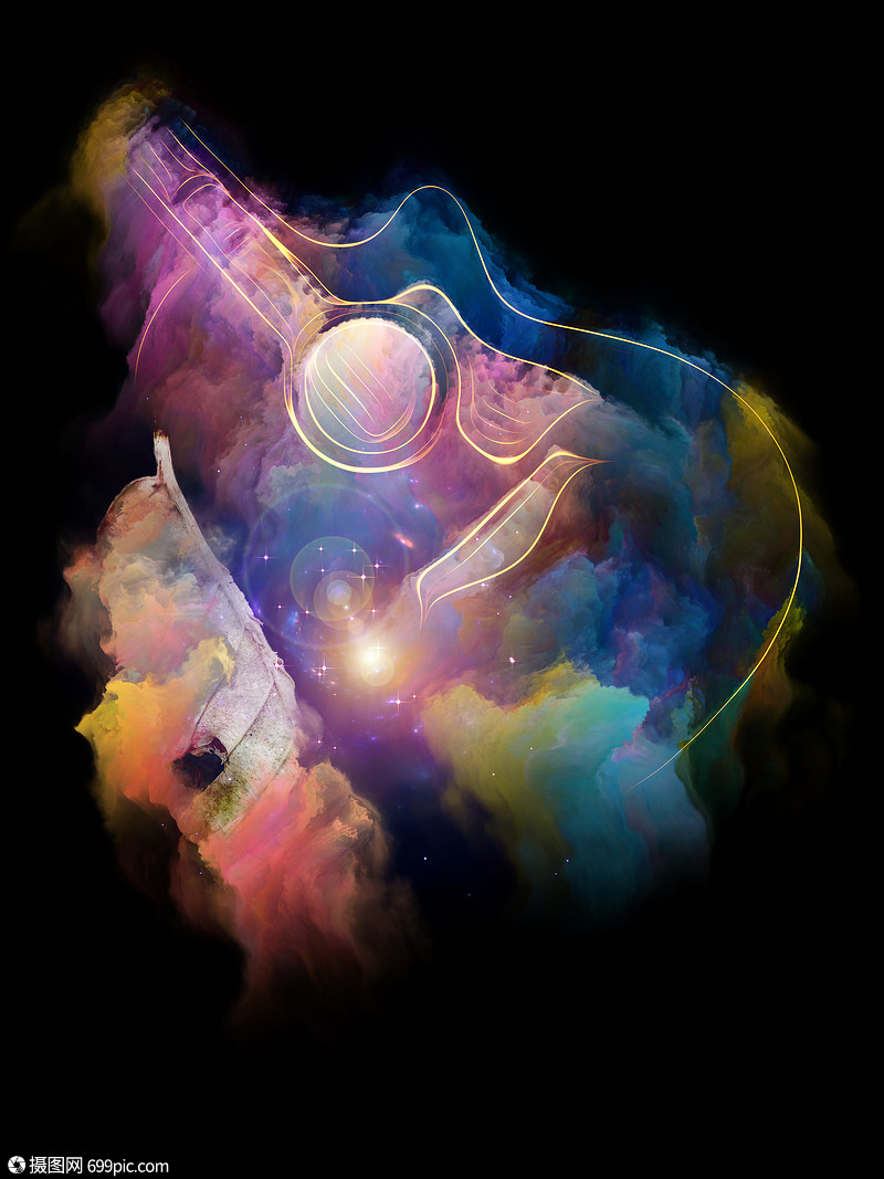 抽象吉他音乐音符轮廓与分形绘画融合音乐,歌曲表演艺术的