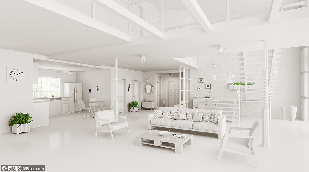 白色现代住宅内部,客厅,大厅,厨房,楼梯三维渲染