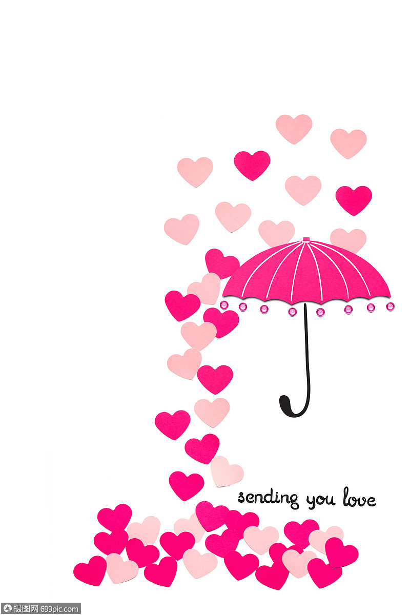 创意情人节照片纸伞与心雨下白色背景
