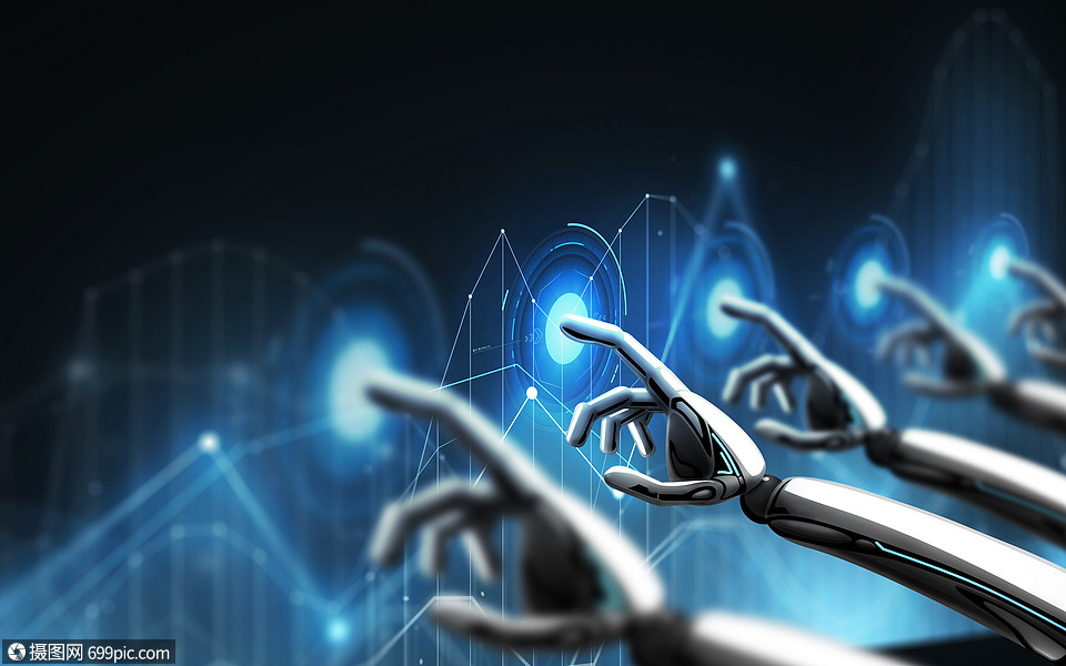 科学,未来技术进步机器人手与图表投影黑色背景机器人手与图表投影