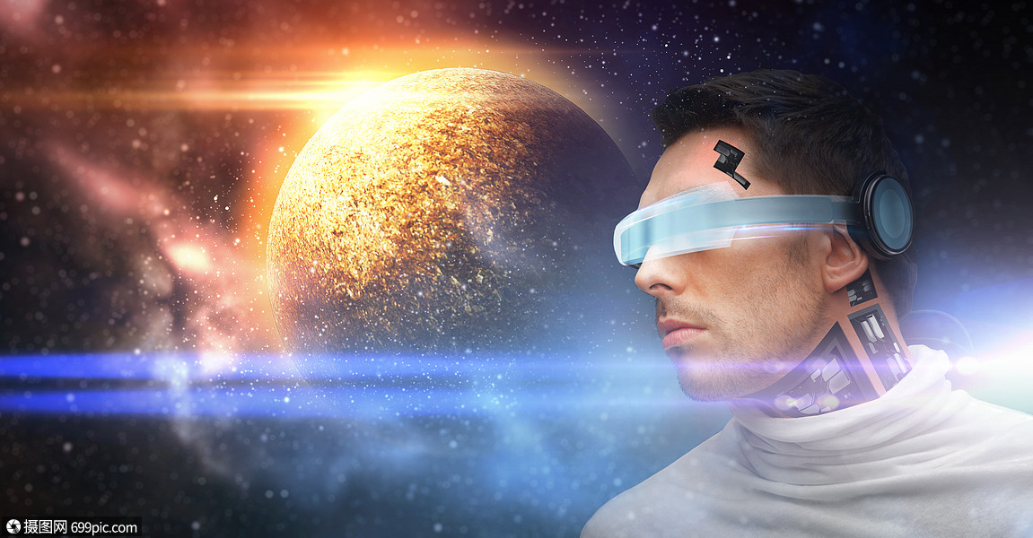 未来技术虚拟现实男机器人三维眼镜微芯片植入传感器行星星系背景上