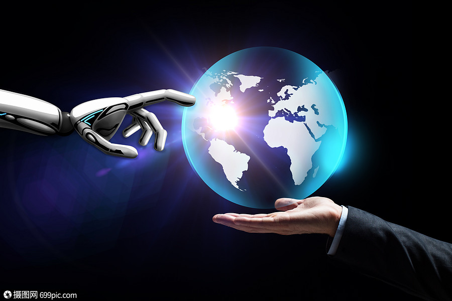 未来的技术,商业人工智能密切商人的手机器人触摸虚拟地球全息图黑色