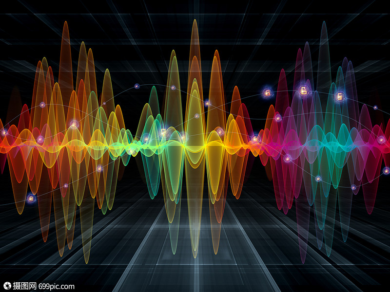 彩色正弦振动,光分形元素,以补充您的的声音均衡器,音乐频谱量子概率