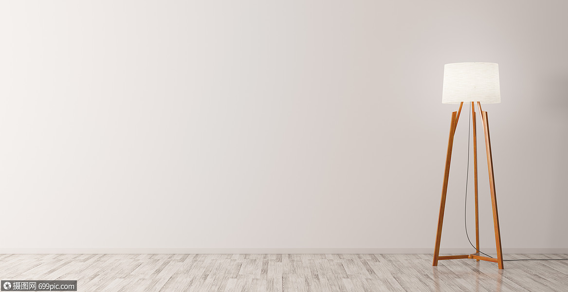 现代室内空房背景与木制落地灯三维渲染