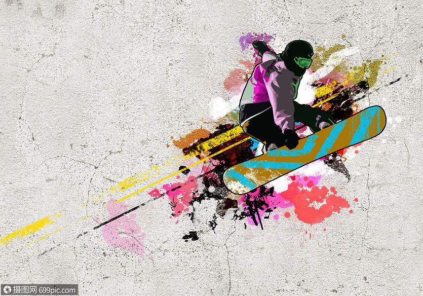 涂鸦图像涂鸦风格的形象滑雪板肮脏的背景速度箭头