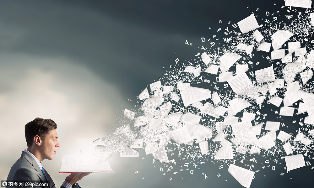 开着书的商人轻的商人,手里着打开的书,书页空中飞舞