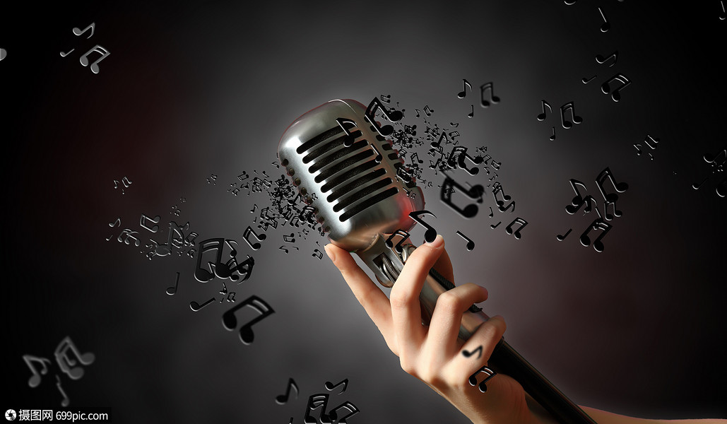 音频麦克风复古风格黑色背景下的单复古麦克风与音乐音符