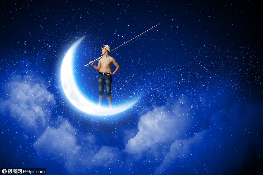 小渔夫小男孩着钓鱼竿站月亮上人童