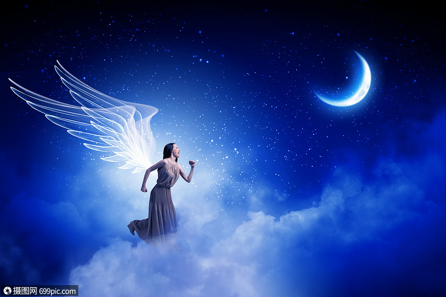 穿裙子的天女孩迷人的女人后带着天的翅膀奔跑连衣裙天堂