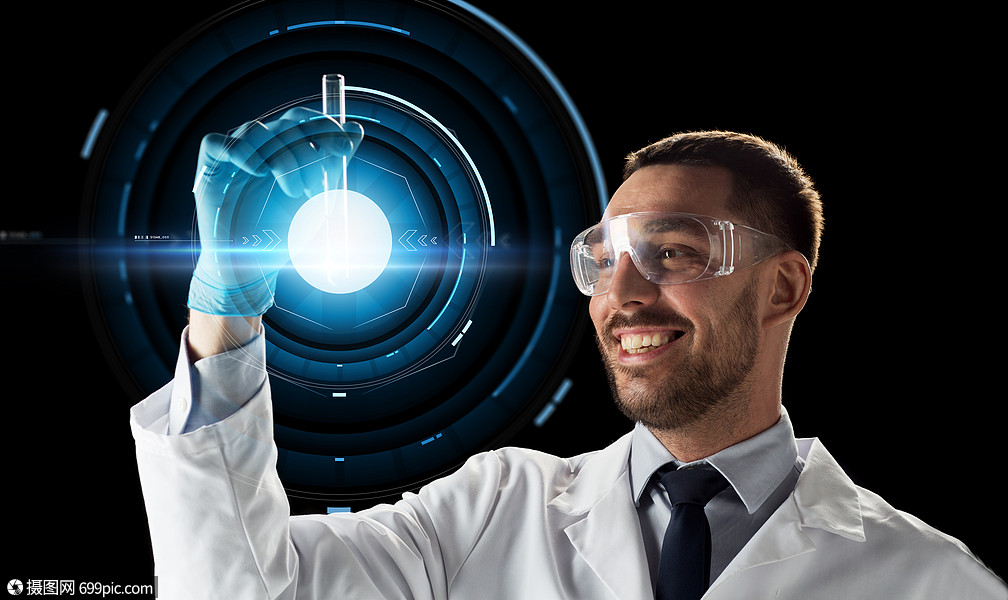 科学,未来技术人的轻的微笑科学家护目镜与试管虚拟