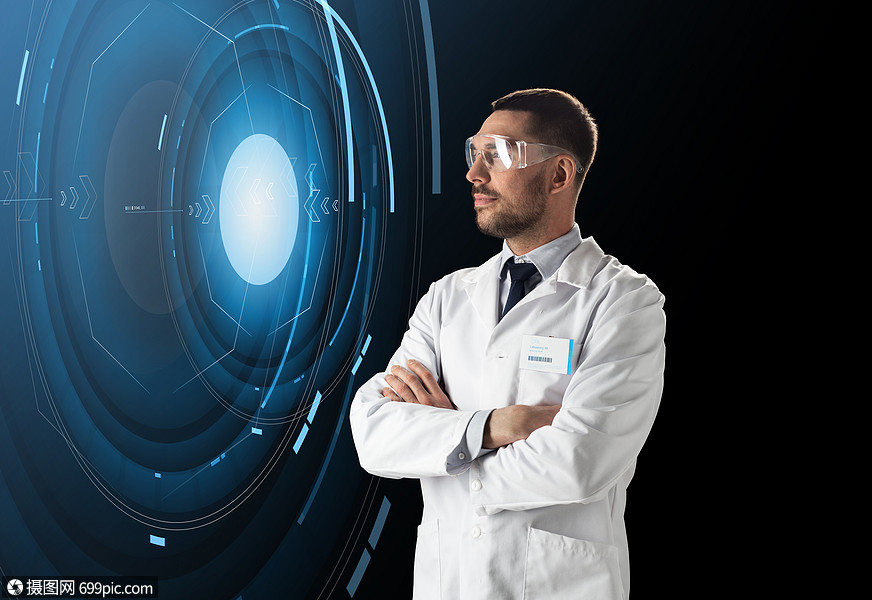 科学,未来技术人的男医生科学家穿白色实验室外套安全