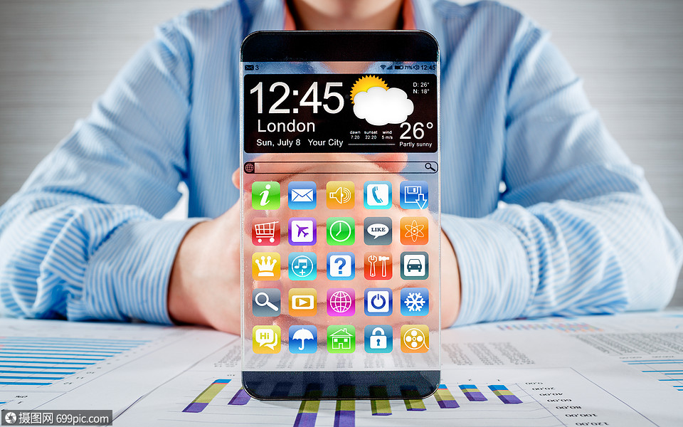 未来主义智能手机phablet,透明人类手中实际未来创新理念最佳技术人
