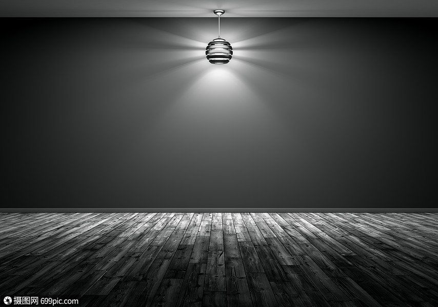 夜间室内背景,房间内灯,黑色墙壁,木地板,三维渲染