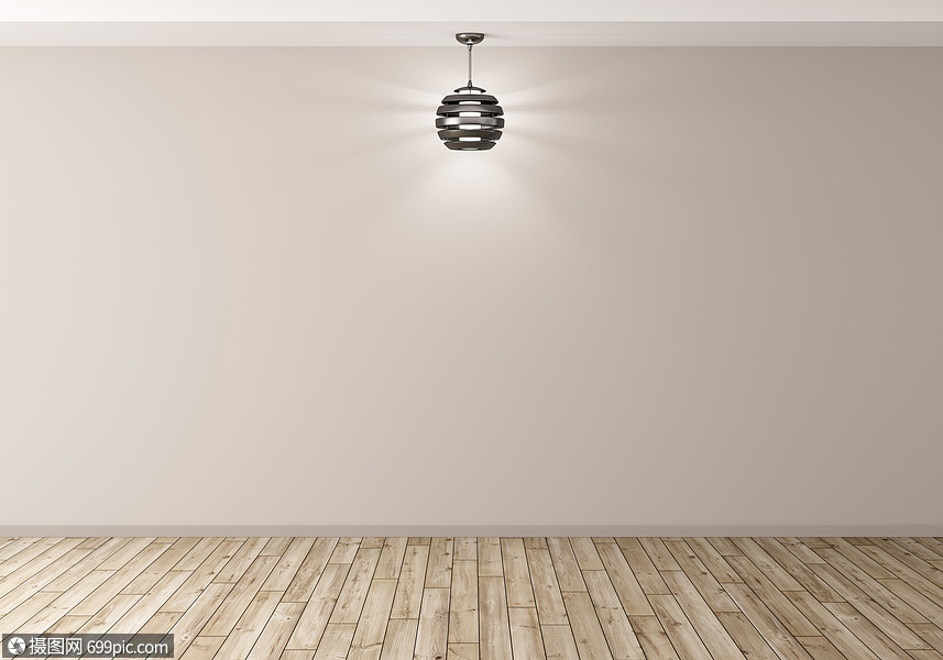 空房间,灯靠米色墙,木地板,内部背景三维渲染