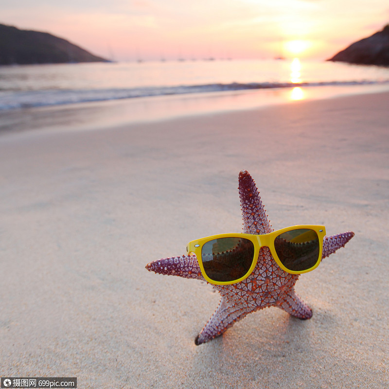 海灘上的海星海灘上的海星大海背景上美麗的日落海洋假期