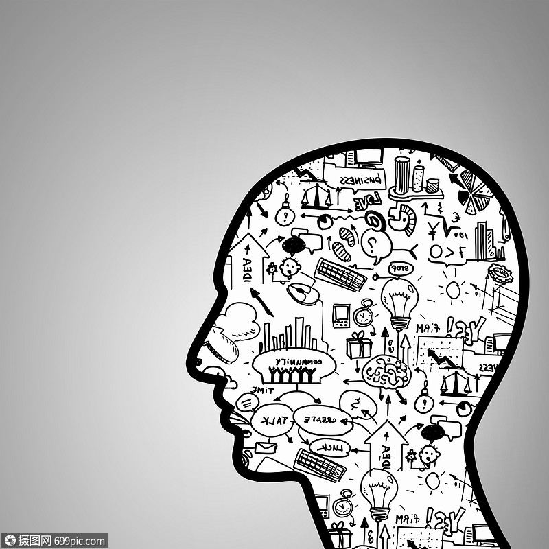 头脑风暴人类头部的轮廓与计划草图,而大脑商业绘画