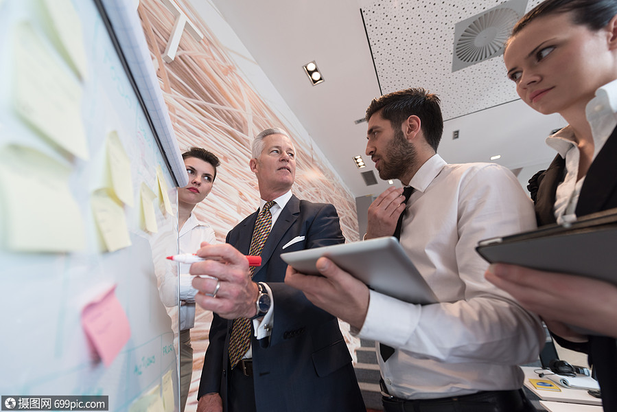 照片 外国人像 商务人士会议进行头脑风暴,商人flipboard上向高级