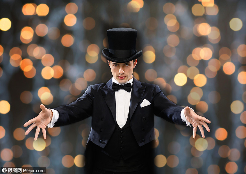 魔术,表演,马戏,人表演魔术师顶帽展示技巧近光灯背景