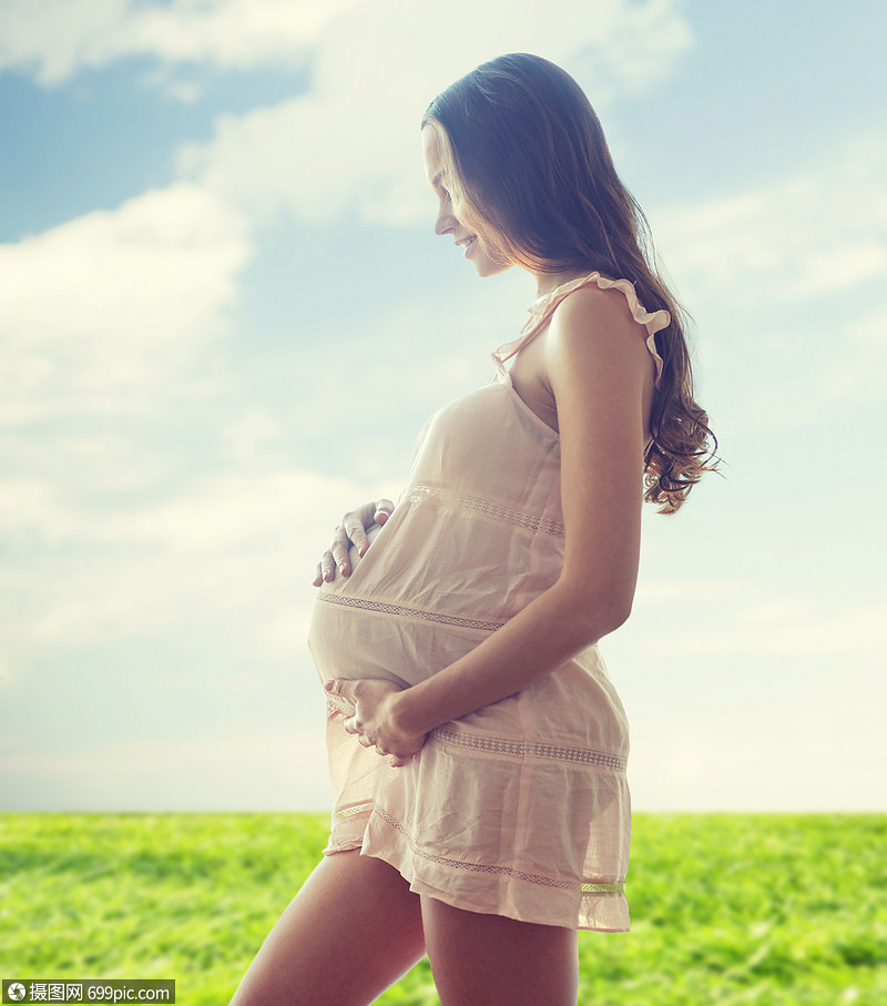怀孕母亲人期望的快乐的孕妇绿色的田野蓝天背景
