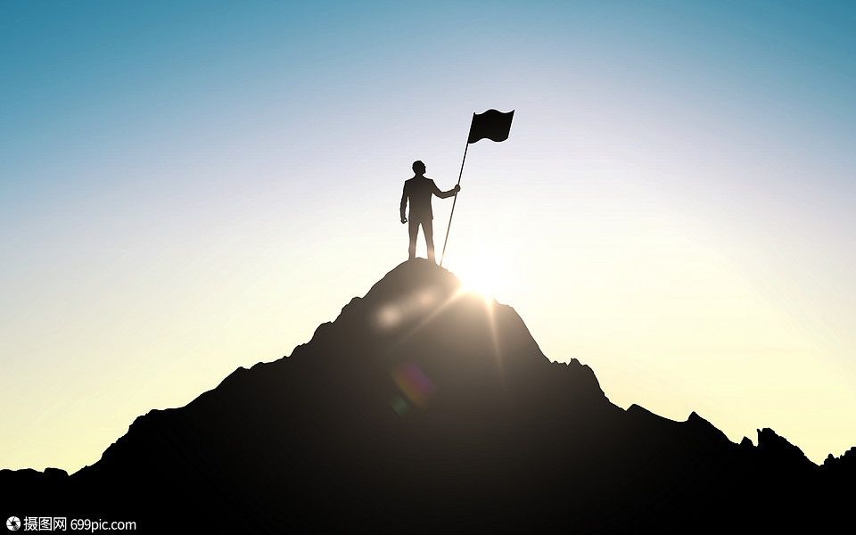 商业,成功,领导,成就人的商人的轮廓与山顶上的天空阳光背景
