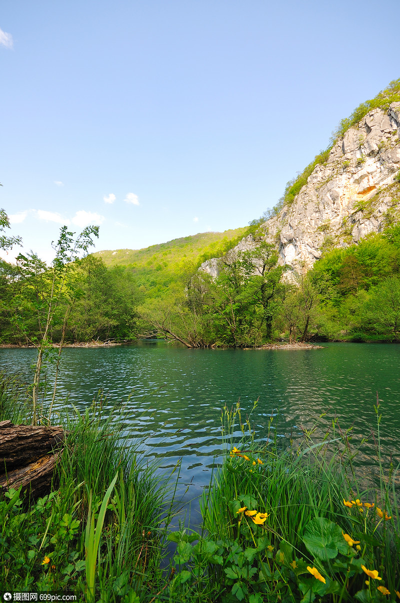 美丽的自然景象与河流瀑布春天的