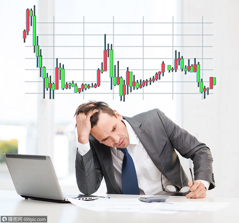 商业,办公室金钱压力商人黑色眼睫毛与笔记本电脑,纸张,计算器外汇