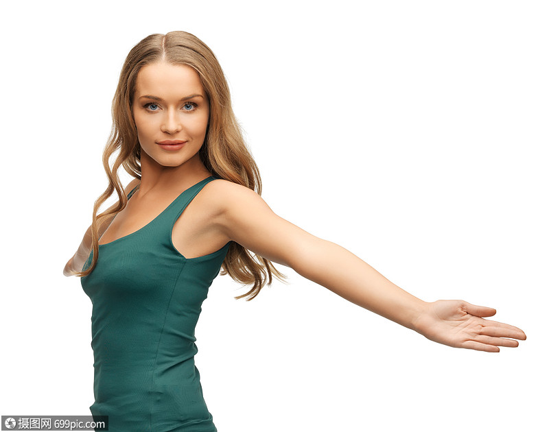 幸福微笑的女人摊手的照片友善的姿势