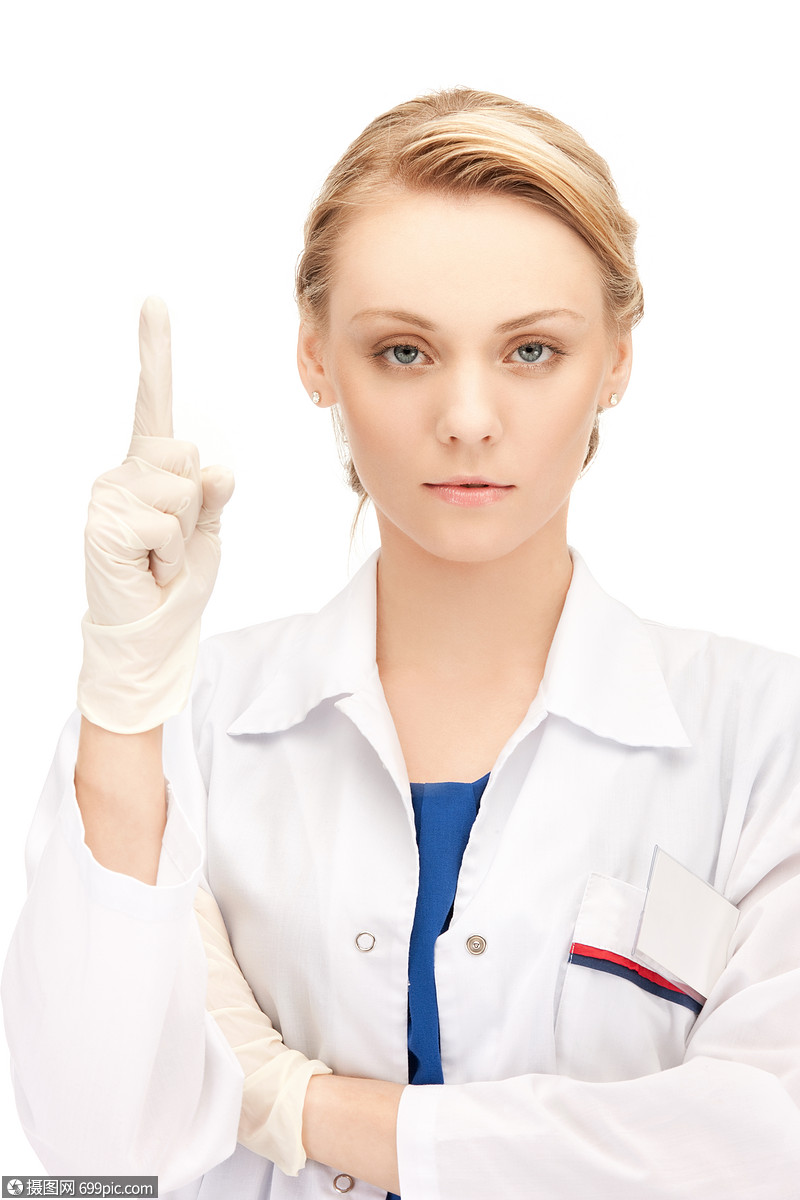 迷人的女医生,她的手指向上