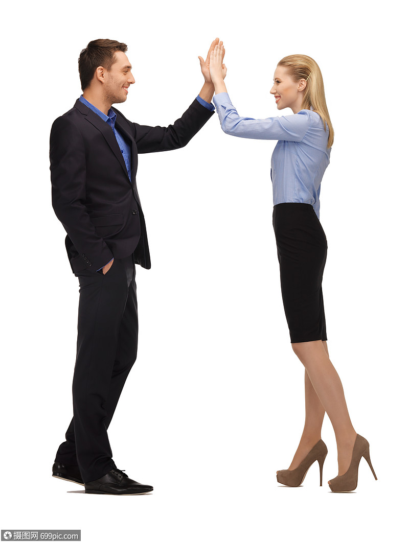 明亮的照片,男人女人给出了个击掌专业人士成功的