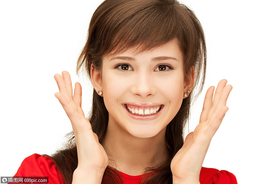 明亮的照片,快乐的十几岁的女孩,表情惊讶