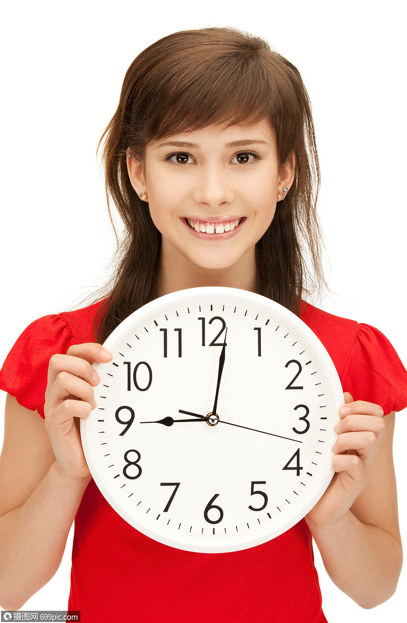 少女手持大钟的明亮照片时钟时间