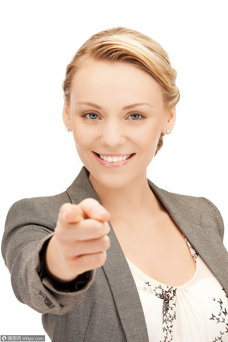 吸引力的女商人指着她的手指的照片