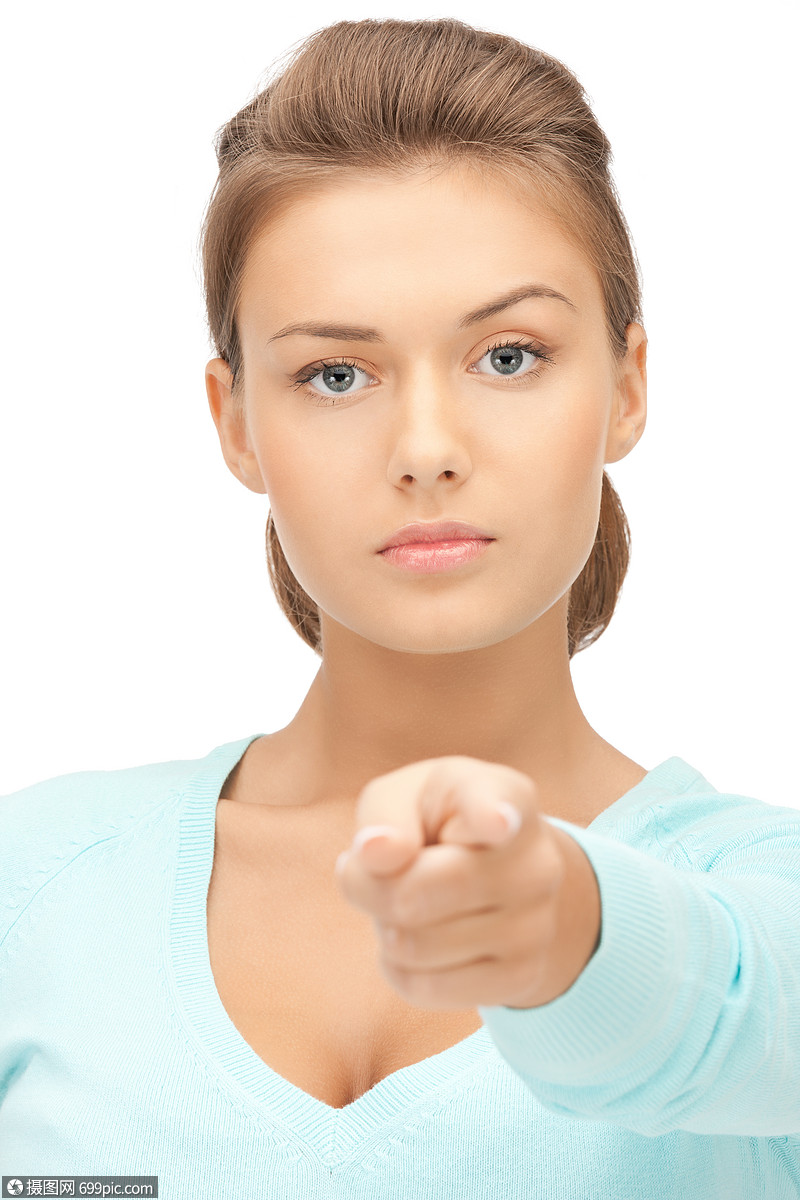 吸引力的女商人指着她的手指的照片