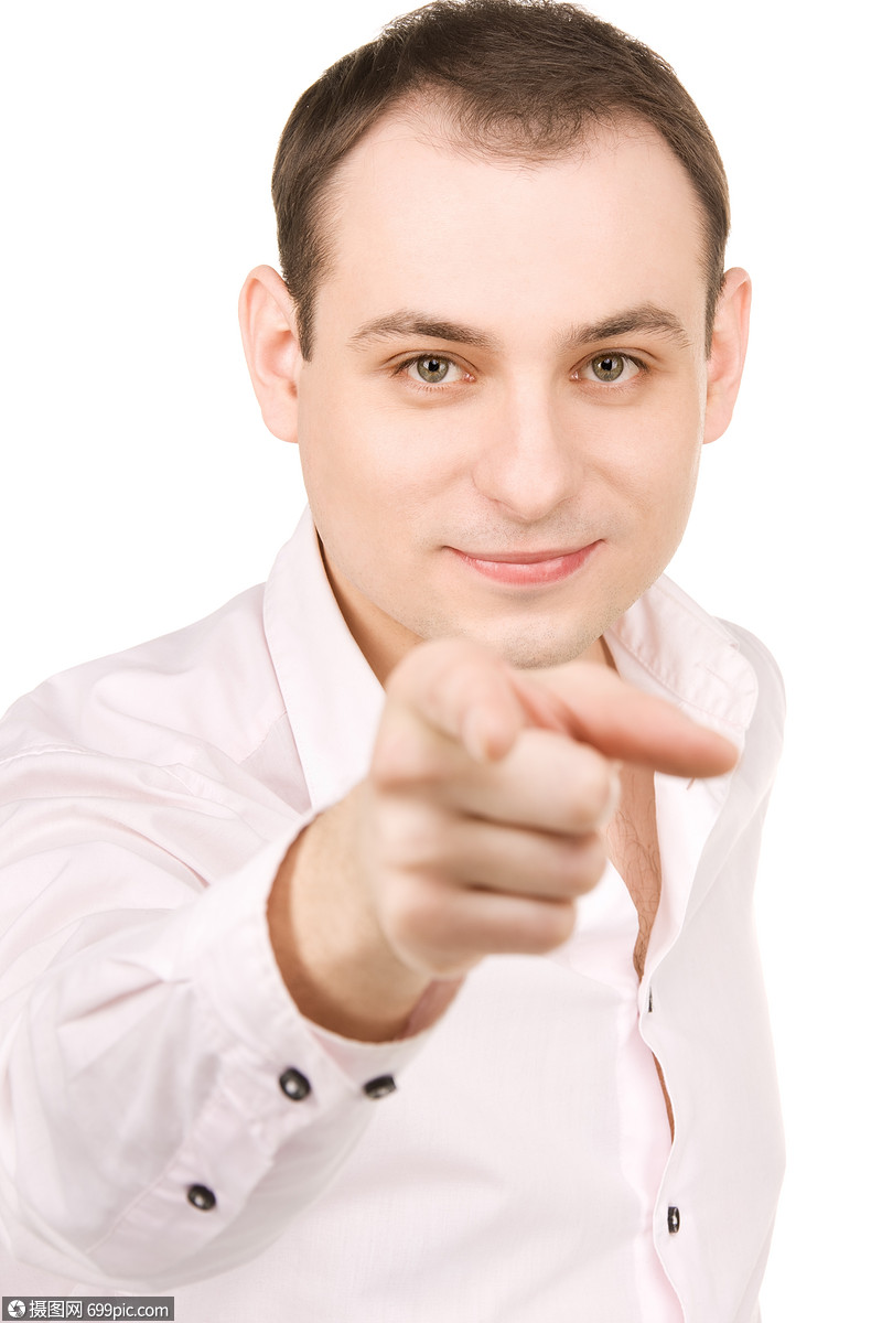 吸引人的商人指着他的手指的照片幸福的手势