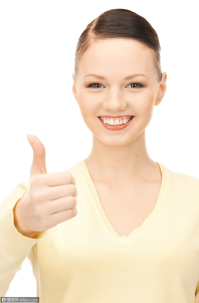 明亮的照片,可爱的十几岁的女孩竖大拇指xa令人愉快的美极了