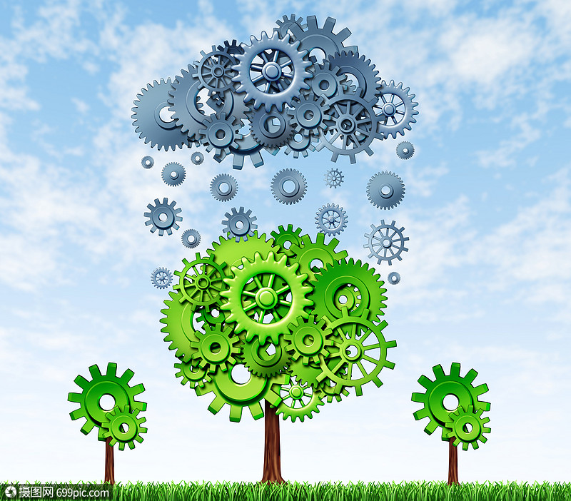 随着工业投资于新的资源而增长的利润,以棵绿色的树片由齿轮齿轮成的